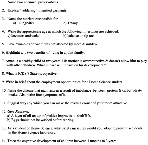 Cbse Class Home Science Question Paper Set A